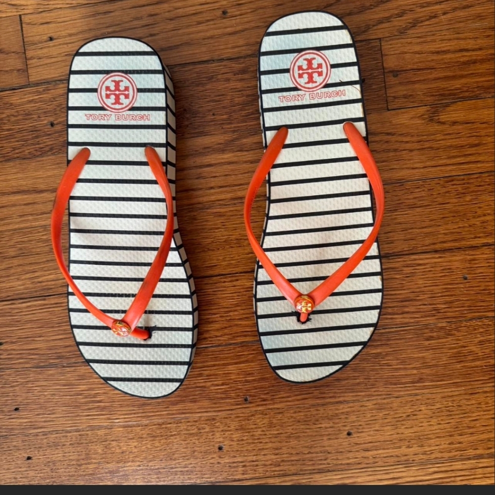 Tory Burch Orange and Black Striped Sandals